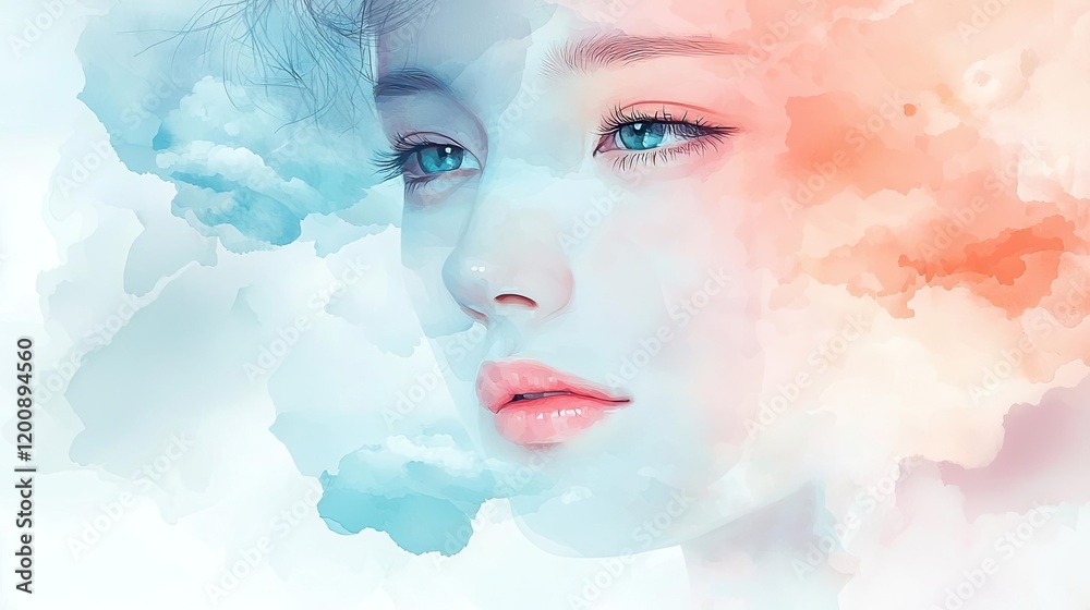 Aufkleber Clouds watercolor idea. A dreamy and ethereal portrait with soft colors and cloud-like elements.