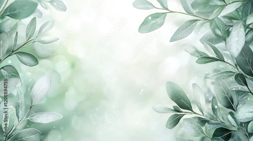 Poster Blurred watercolor idea. A serene background featuring lush green leaves and soft bokeh effect for a calming view.