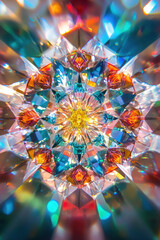 Vibrant kaleidoscope pattern with radiant colors and intricate geometric shapes, creating a mesmerizing, symmetrical design with a central focal point.
