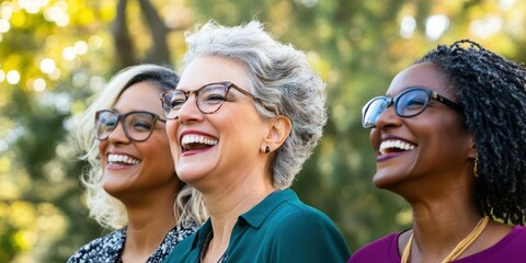 Fototapeta premium Joyful Senior Women: Three diverse senior women with glasses share a genuine laugh, their happiness radiating outwards. The image is full of warmth and positive energy.