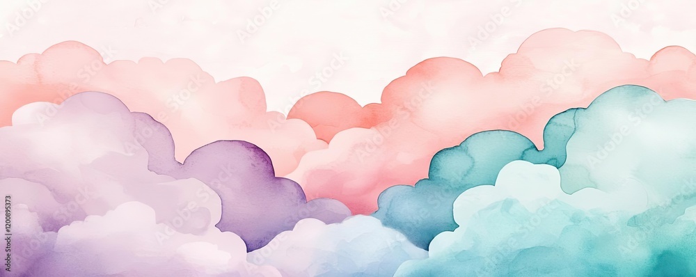 Poster clouds watercolor idea. a serene landscape with soft pastel clouds blending in a harmonious sky.