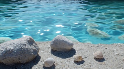 A serene view of water with rocks and seashells by the shore.