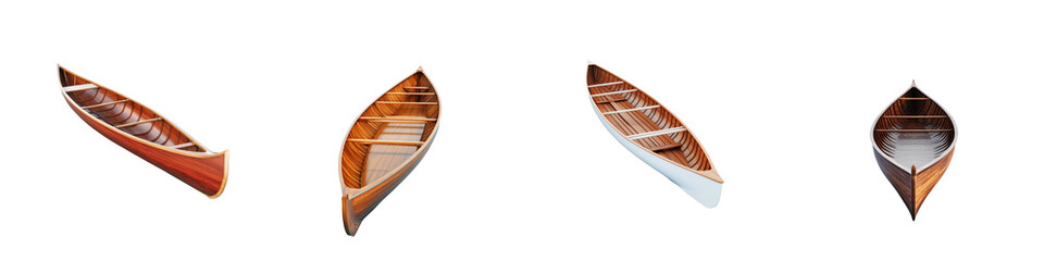 Wooden handcrafted boats canoes and kayaks in a variety of traditional designs patterns and color schemes floating on a tranquil body of water such as a river lake or pond reflecting an outdoor