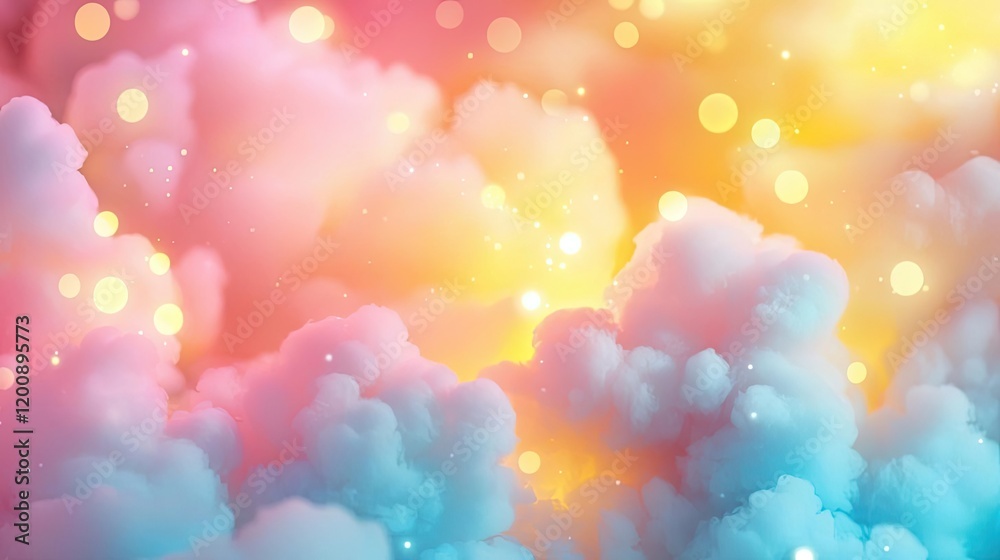 Poster clouds watercolor idea. colorful clouds with soft pastel tones and glowing lights creating a dreamy 