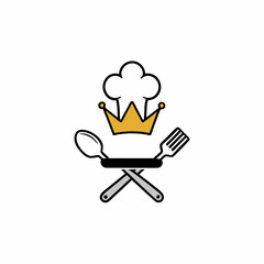 crown resting on a chefs hat with crossed spatulas underneath. Add a bold serif font for the text. white background.
