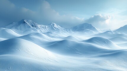 A serene snowy landscape with rolling hills and majestic mountains under a soft blue sky. Ideal for winter-themed designs or peaceful backgrounds.