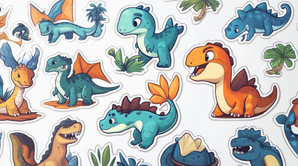 Fototapeta premium Prehistoric dinosaur stickers vector set. Adorable cartoon dino creatures, carnivore, omnivore and herbivore ancient reptiles, aquatic and terrestrial species and plants like palm trees or fallen logs