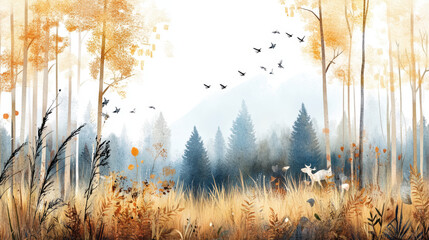 serene woodland scene with tall trees in autumn hues, soft grasses, and misty forest backdrop. Birds fly across sky, and deer grazes peacefully in foreground