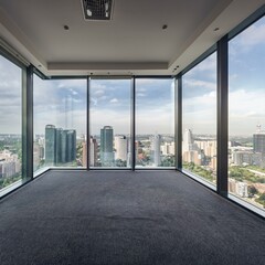 view of the building, Empty loft unfurnished contemporary interior office with city skyline and buildings city from glass window