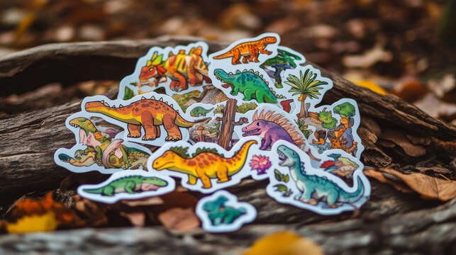 Prehistoric dinosaur stickers vector set. Adorable cartoon dino creatures, carnivore, omnivore and herbivore ancient reptiles, aquatic and terrestrial species and plants like palm trees or fallen logs