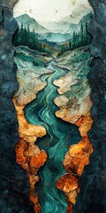 Abstract landscape art featuring a river flowing through mountains. Ideal for wall art, prints, or phone cases.
