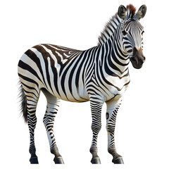Zebra standing gracefully, showcasing its iconic black and white stripes against a white isolated background.