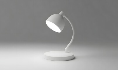 White desk lamp illuminated on white surface.