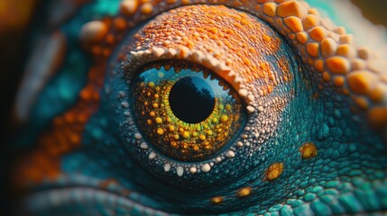 Naklejka premium Close-up of the eye and skin texture of an orange, green, and blue chameleon with yellow dots in its iris, highly detailed, macro photography