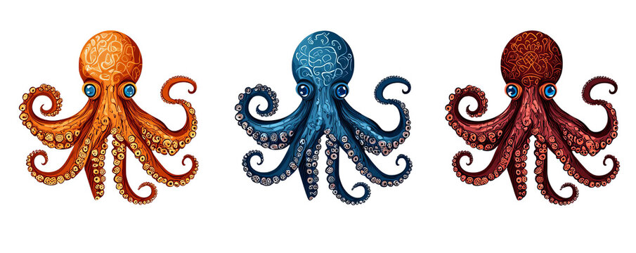 Three colorful octopuses on a white isolated background, showcasing intricate details and vibrant colors.