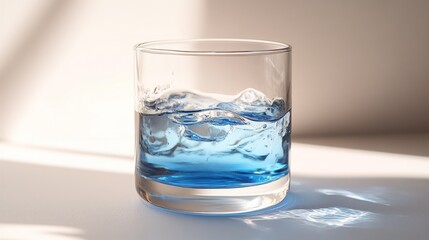 Glass of blue liquid, ice, sunlight.