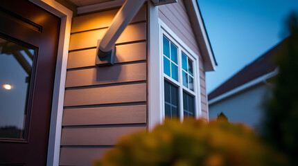 Charming House Exterior at Dusk: Warm Lighting and Inviting Design. Discover the beauty of this residential home's architecture, perfect for real estate listings and home design inspiration.