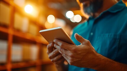 Focused Worker Utilizing Tablet Technology in Efficient Modern Warehouse Setting