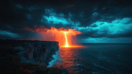 Lightning strikes ocean near dramatic cliff.