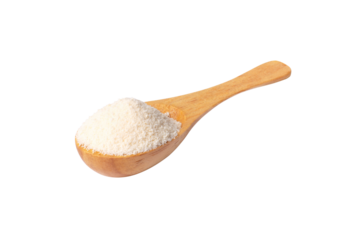 collagen powder in wooden spoon isolated on white background