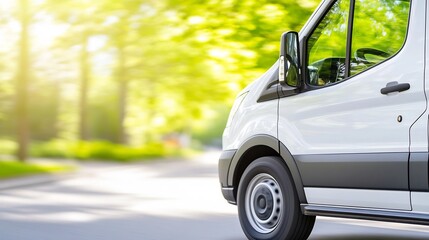 White van driving on a sunny road, trees blurred background.  Delivery, transportation image