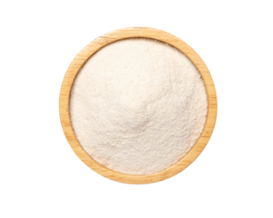 collagen powder in wooden bowl isolated on white background. Top view. Flat lay.	