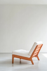Fototapeta premium Modern wooden lounge chair with white upholstery in minimalistic interior design