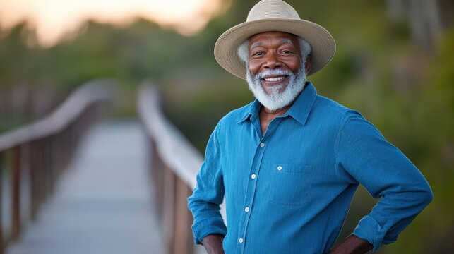 Photo of a happy senior African American man with a white beard wearing a hat, standing on a seaside boardwalk. He is wearing a blue shirt and light grey jeans, with clear facial features