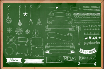 Grunge chalkboard green hand drawn sketch elements restaurant menu, banners, ribbons, art, doodle graphic line elements, illustration, vintage style