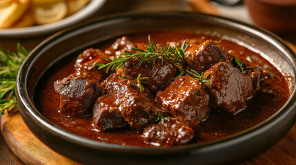 Argentine cuisine with cazuela, seafood, empanadas, tortillas, soup locro with avocado, beef shank ossobuco, pork chop milanese, sauce boats with tuco, chimichurri sauces, chocolate with churros