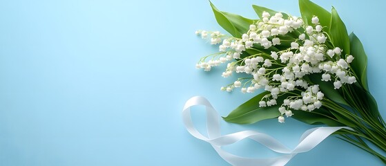 Lily of the valley flowers with white ribbon on blue background