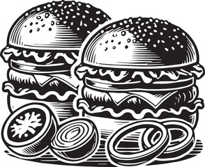 Black Color Burger Silhouette Vector Illustration, Solid White Background