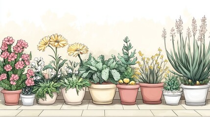 Fototapeta premium A vibrant row of potted flowering plants and succulents in pastel pots