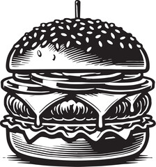 Black Color Burger Silhouette Vector Illustration, Solid White Background