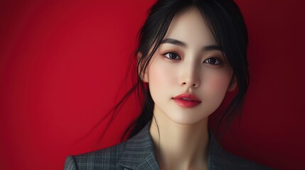 Fototapeta premium Portrait of a beautiful young Asian woman with black hair, wearing a suit and looking at the camera against a red background.