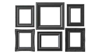 Black Picture Frames Collection: A set of six elegant black picture frames in various sizes and styles, offering a versatile collection for design projects and presentations.
