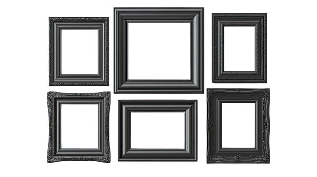 Black Picture Frames Collection: A set of six elegant black picture frames in various sizes and styles, offering a versatile collection for design projects and presentations.