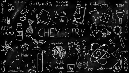 Chemistry chalk doodle concept knowledge education on blackboard or chalkboard background