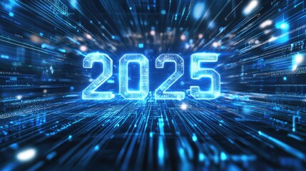 2025: A Digital Horizon:  A futuristic and abstract representation of 2025, depicted as luminous, blue digits emerging from a dynamic digital landscape of lines and data streams.