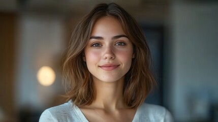 Fototapeta premium Portrait of an attractive woman with shoulder-length brown hair, wearing casual attire and looking directly at the camera in a frontal view.