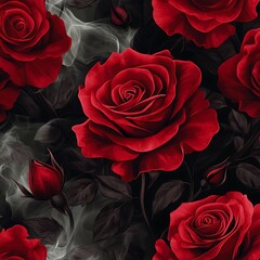 Naklejka premium Seamless Decorative Red Roses Pattern with Smoky Shapes: Elegant Floral Design for Textiles, Wallpapers, and Romantic Décor