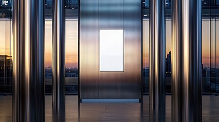 Modern office with blank displays blending into twilight-lit decor details.