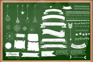Grunge green chalkboard hand drawn sketch elements restaurant menu, banners, ribbons, art, doodle graphic line elements, illustration, vintage style