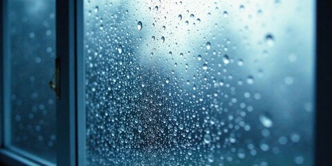 Obraz premium Rainy Day Windowpane A Close-Up View of Water Droplets Adhering to Glass