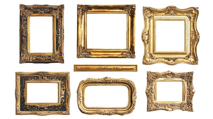 Gilded Picture Frames Collection: An assortment of elegant, ornate gold picture frames in various shapes and sizes, perfect for adding a touch of vintage charm to your design projects.