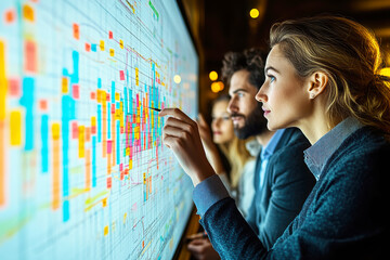 A group analyzes data on a large screen, focusing intently on colorful charts and graphs during a collaborative session.