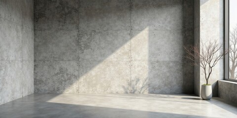 Sunlit Minimalist Room with Concrete Walls and a Branch in a Pot