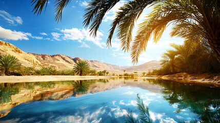 serene desert oasis with palm trees and reflective water surface, showcasing beautiful landscape
