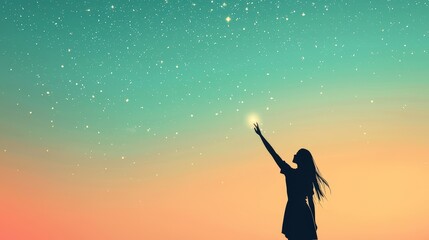 Illustration of a woman reaching for the stars glowing in a bright sky