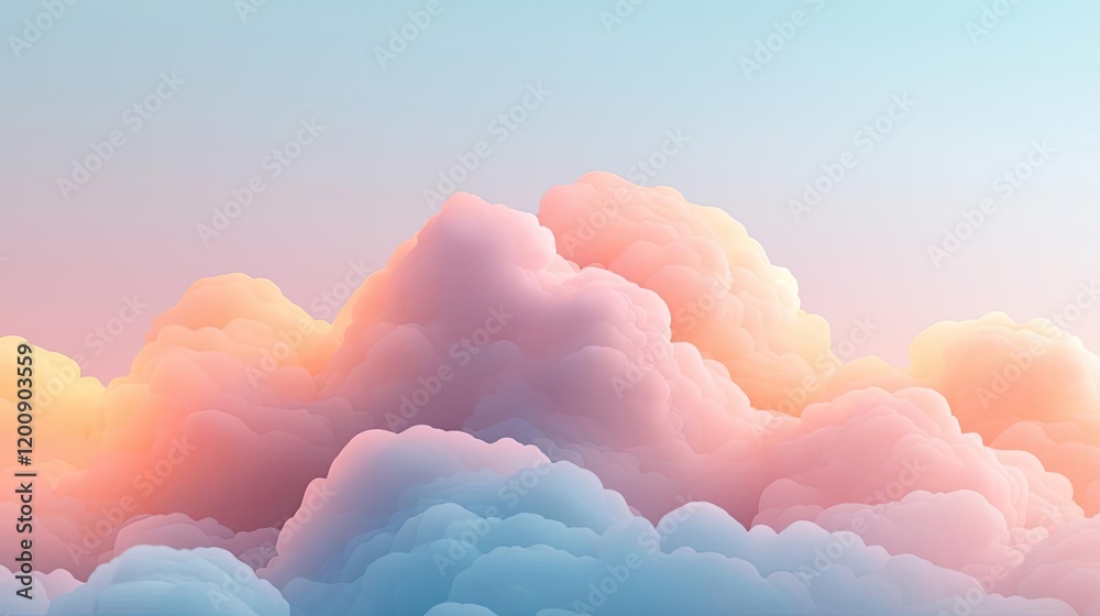 Poster ethereal watercolor concept. a serene view of fluffy clouds illuminated by soft pastel colors at sun